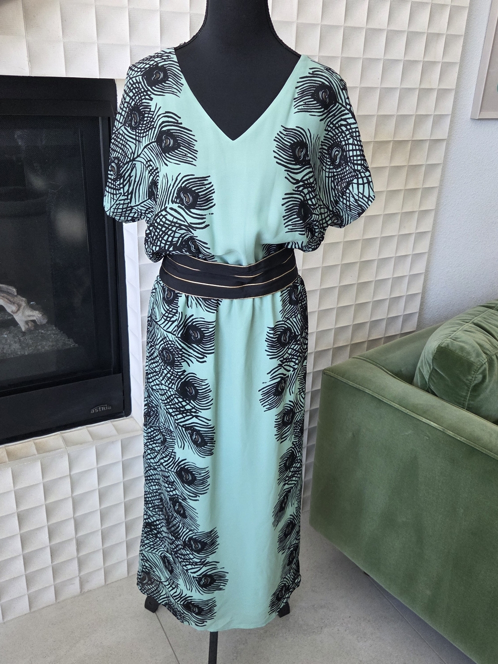 Corey Lynn Calter Anthropologie Mint Plumes Kimono Midi Dress Peacock Feather XS - Picture 3 of 10